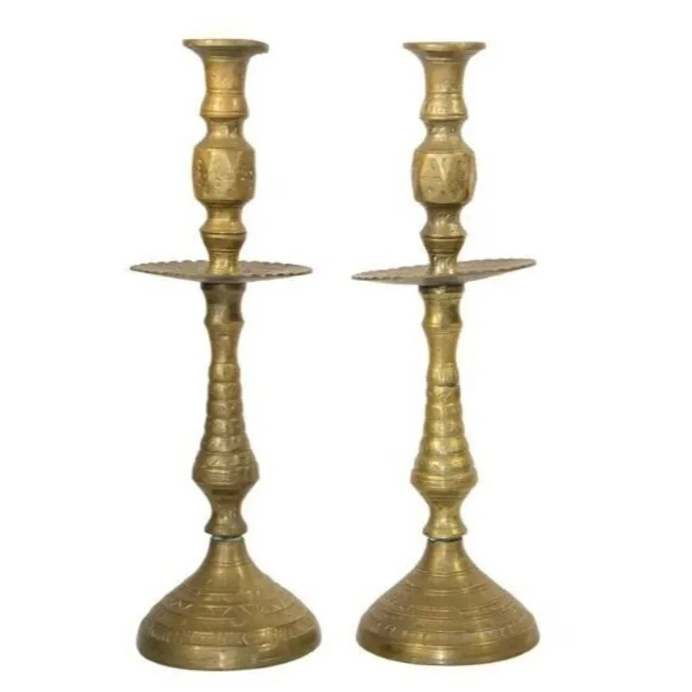 Moroccan Candle Holders Vintage 1950s Solid Brass Mid Century Set Pair Etched